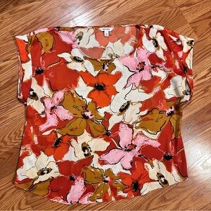 Nine West Floral Blouse Silky Red, Pink, Brown Cap Cuff Sleeve Size XL